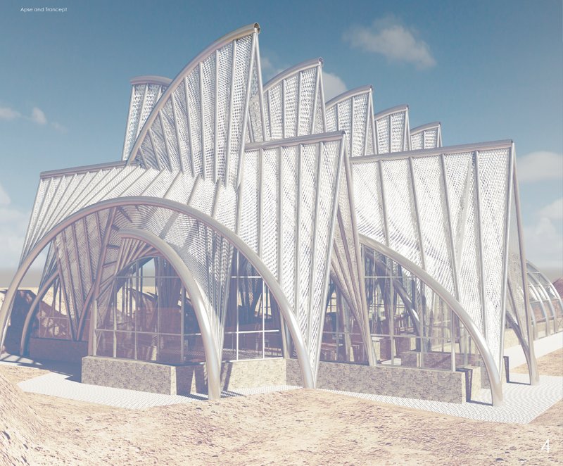 View of the apse and transept where layered roof planes reinterpret the basilica’s sacred axis.