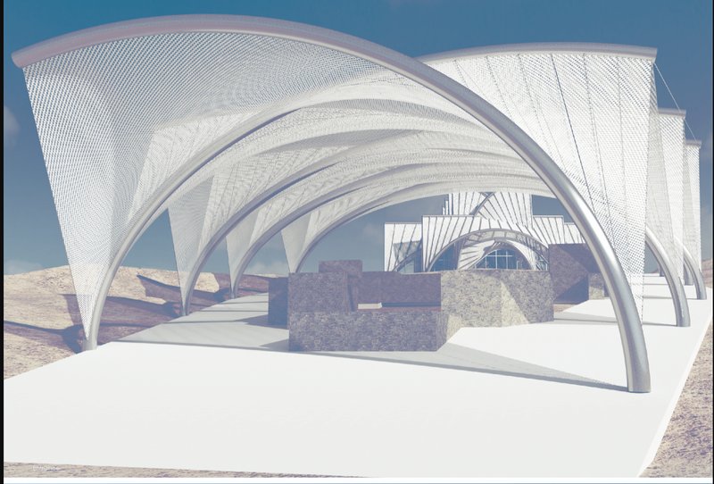 Open canopy structure designed for the ancient thermal spa, blending shade and geometry.