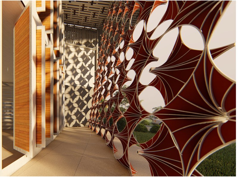 Curved façade articulation with vertical fins responding to climate and daylight.