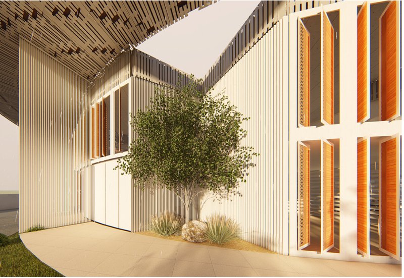 Dramatic roof overhang and patterned façade expressing the project’s rooted design language.