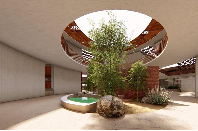 Central open-to-sky courtyard anchoring light, landscape, and social interaction.