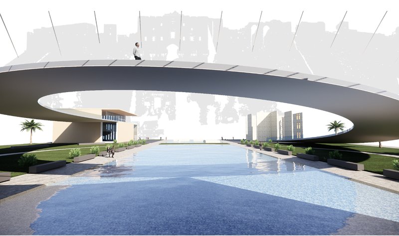 A sweeping pedestrian bridge frames the site, creating a serene passage between memory and renewal.