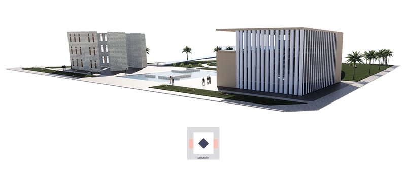 Minimalist forms and reflective water surfaces create a calm civic landscape for contemplation.