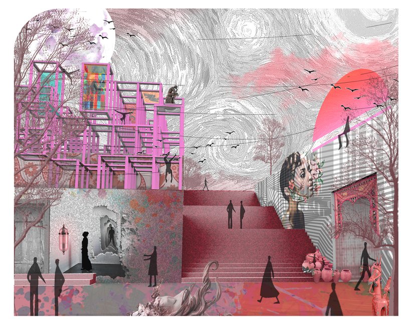 Multi-level terraces activated by murals, installations, and performance zones that merge landscape and architecture.