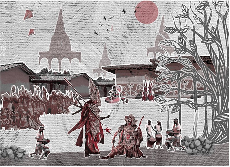 A visual collage celebrating Jharkhand’s tribal art, rituals, and cultural performances within a reimagined rural setting.