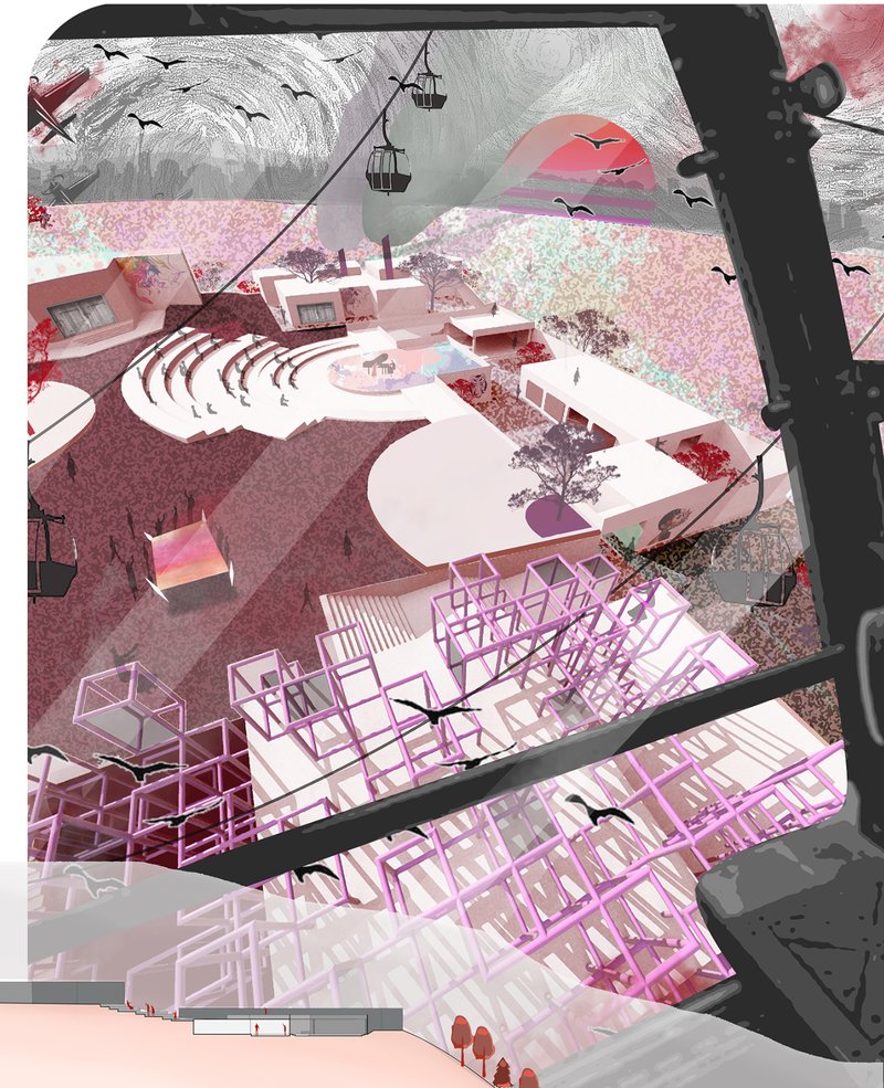 A dramatic aerial perspective showcasing the amphitheatre, workshops, and temporary gallery structures integrated with the hill’s contours.