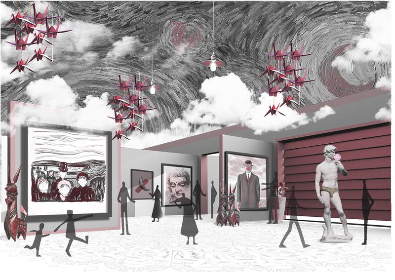 A curated gallery space blending traditional and contemporary artworks within a semi-open, flexible exhibition environment.