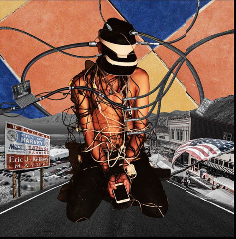 A speculative portrait of the future consumer, fully wired into immersive VR systems where digital worlds replace physical retail.