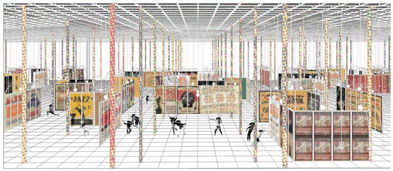 A vast programmable retail grid where pixelated screens and modular partitions form experiential pathways, inviting users to enter curated VR worlds.