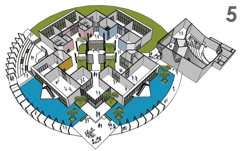 A detailed axonometric showing the spatial organization, central courtyard, and surrounding cultural programs.