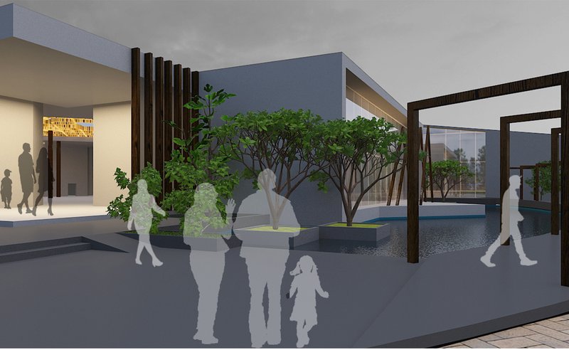 A welcoming entrance framed by lush landscaping and reflective water bodies, setting a calm architectural tone.