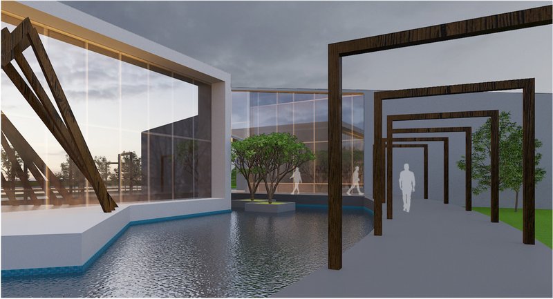 A linear walkway with wooden frames leading toward the auditorium, enhancing spatial rhythm and visual depth.