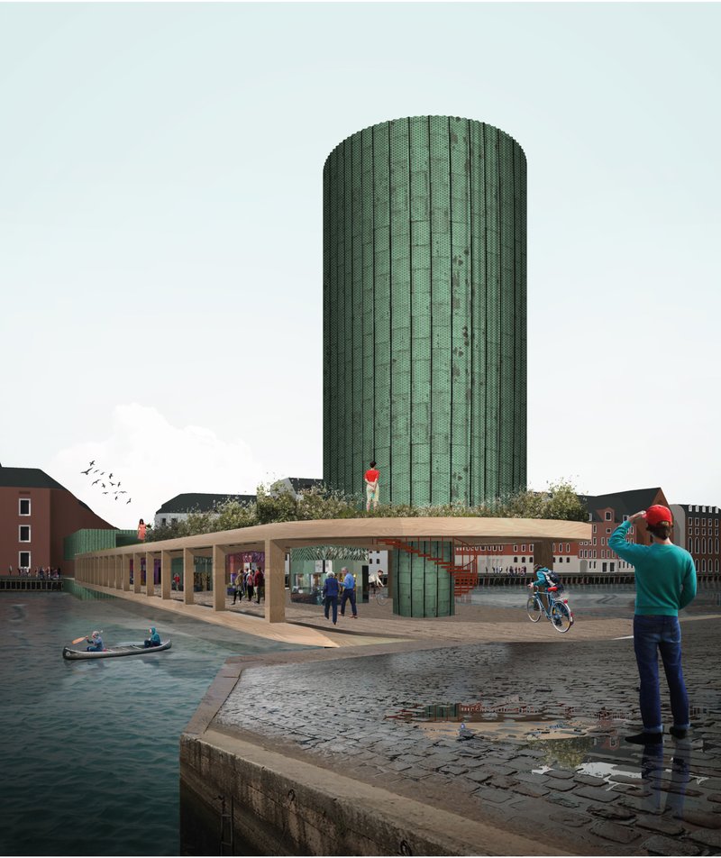 Perspective view of the Unlocking Bridge showcasing the kinetic swing arm, copper-clad landmark tower, and active public life along the harbor edge.