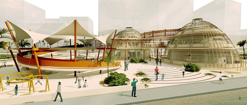 Rendered exterior view of glazed dome structures and tensile canopy roofs with palm trees and walking visitors