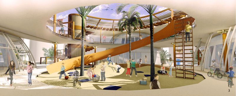 Interior rendering of a double-height playroom with a yellow tube slide, timber ladders, and palm trees under skylights