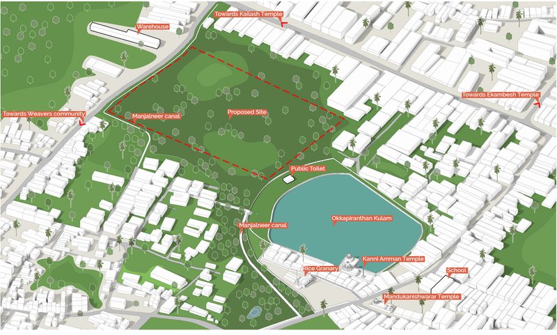 Axonometric site plan showing a proposed building footprint beside a large water body and surrounding context
