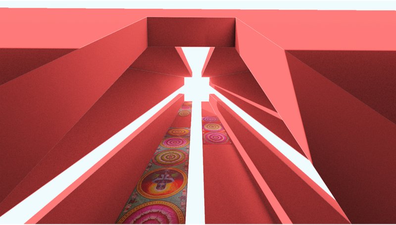 Interior view looking up through a pyramidal skylight with patterned floor panels catching light rays