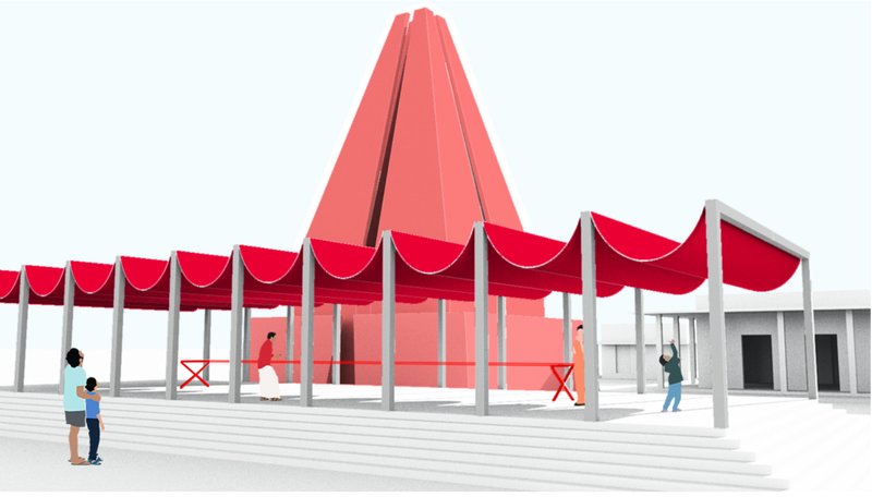 Rendering of a covered plaza with red fabric canopies and people gathered beneath a pyramidal tower