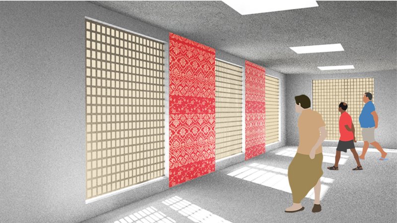 Interior corridor with alternating patterned screens and visitors walking beneath recessed ceiling lights