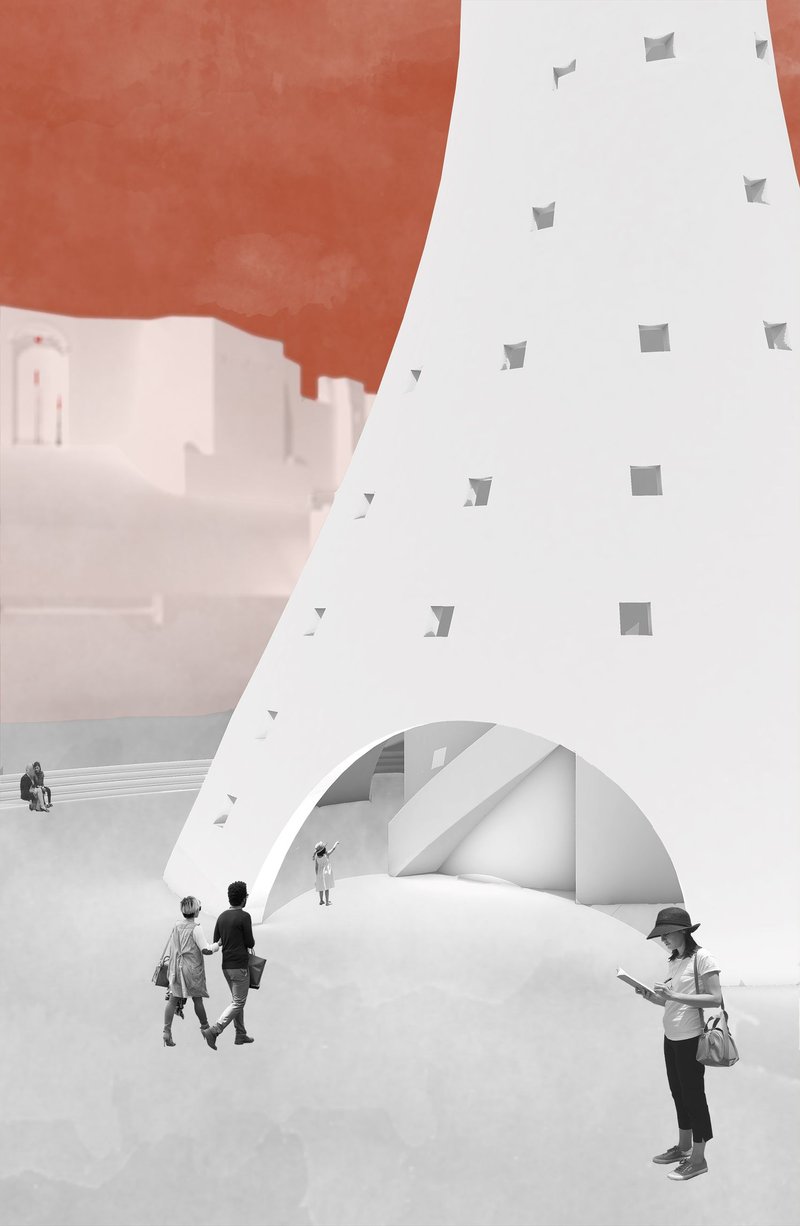 A close-up perspective capturing the perforated façade and the interplay of light, shadow, and human movement.