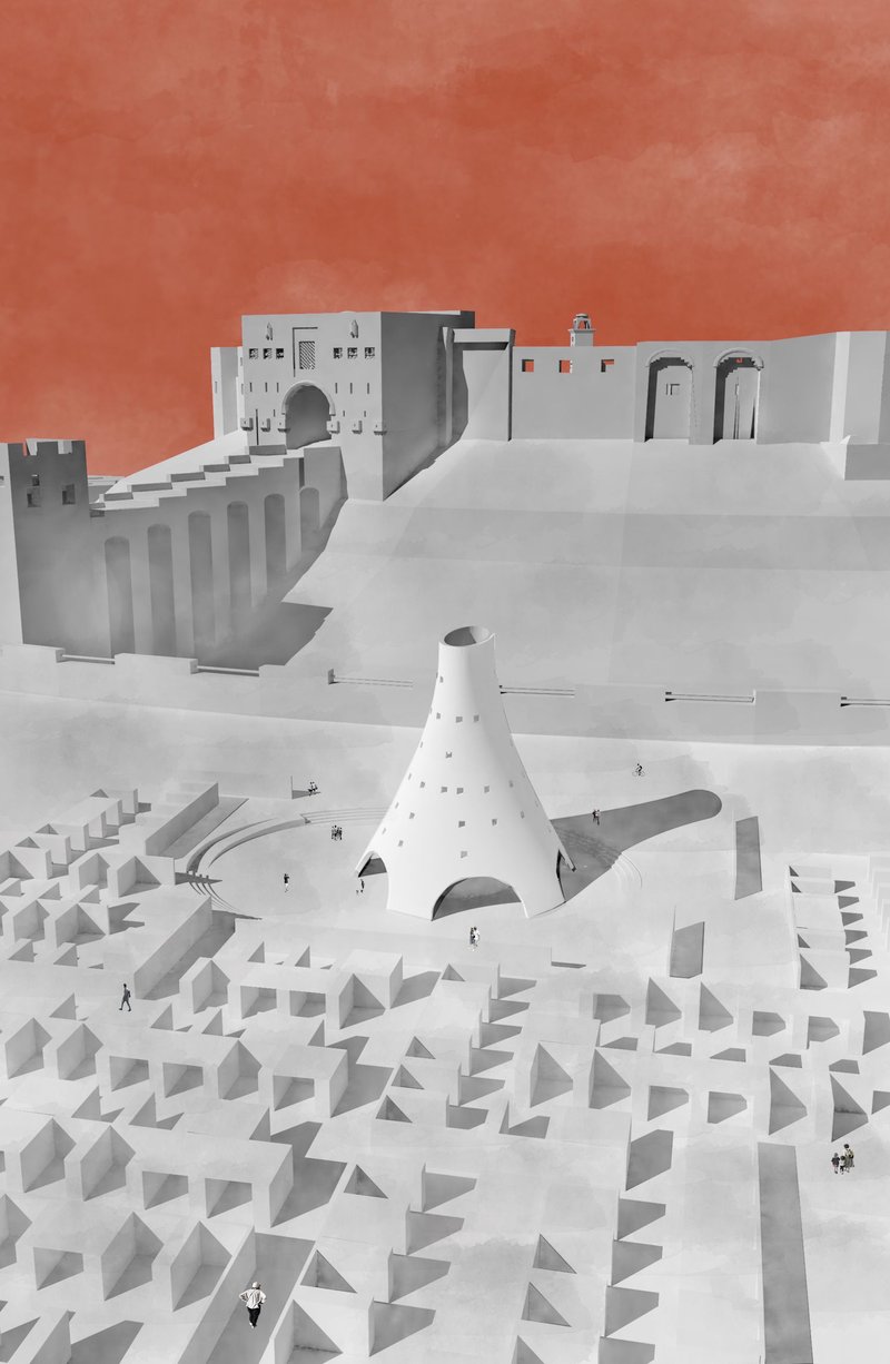 Aerial view showing how the dome anchors the public square and reconnects fragmented parts of the historic urban fabric.