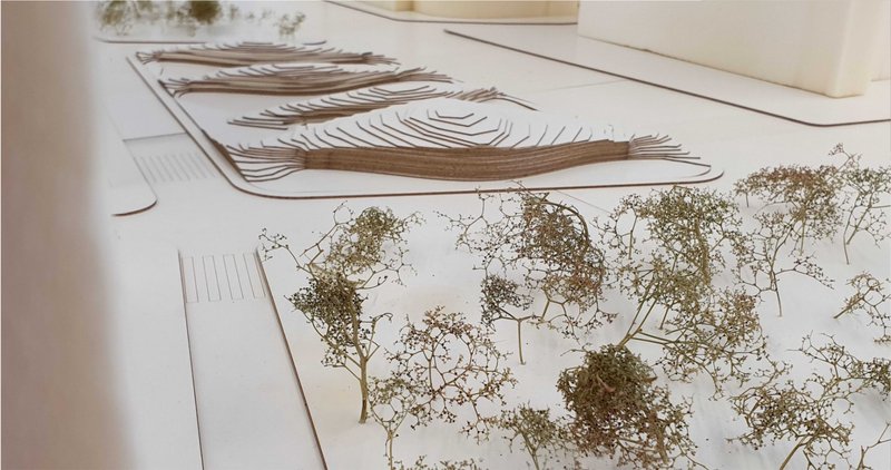 Green corridor and earth-sheltered volumes creating a child-scaled urban landscape.