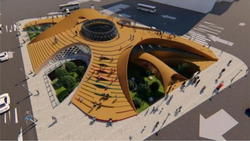 Aerial view highlighting the radial form, central void, and interconnected courtyards shaping airflow and movement.