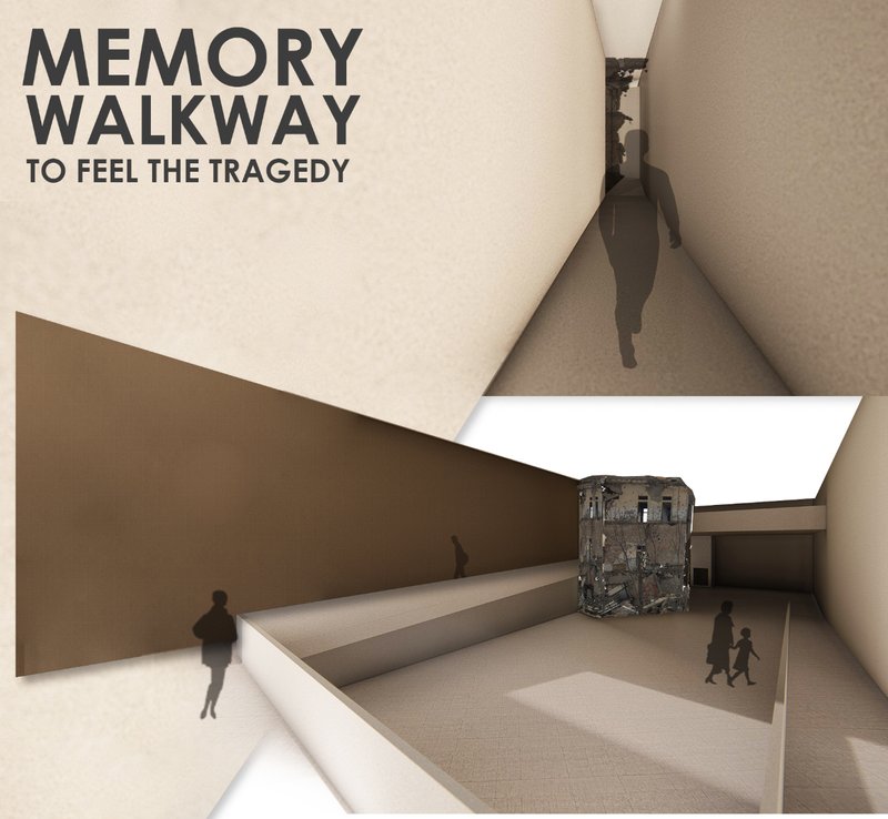 “A narrow, immersive passage guiding visitors toward the preserved ruin, intensifying the emotional experience of Aleppo’s tragic history.”