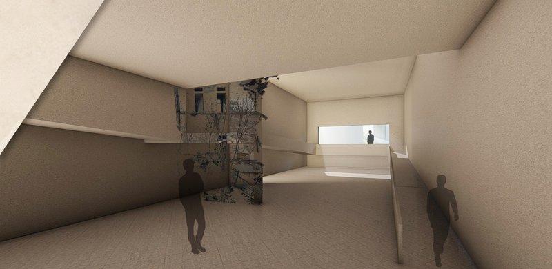 “An open, contemplative space where the ruin stands as the emotional core, framed by soft light and minimal architectural surfaces.”