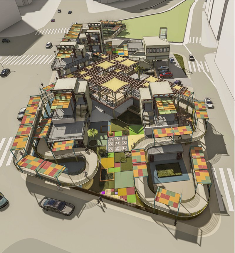 Aerial view highlighting the expandable building clusters organized around shared courtyards and airflow corridors.