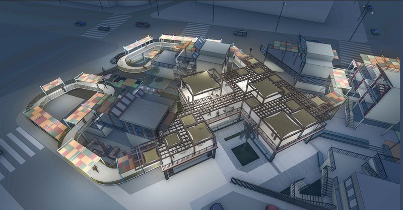 Night-time visualization showing the continuity of open circulation and passive cooling through the central spine.