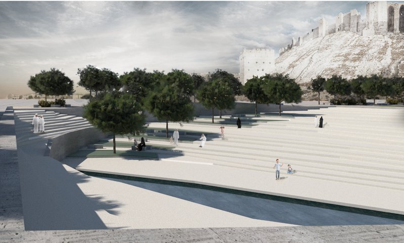 Open plaza with scattered pine trees and visitors walking near ancient citadel ruins