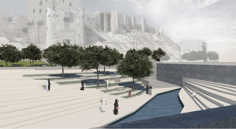 Terraced plaza with water channel and concrete wall beneath historic hillside fortifications in mist