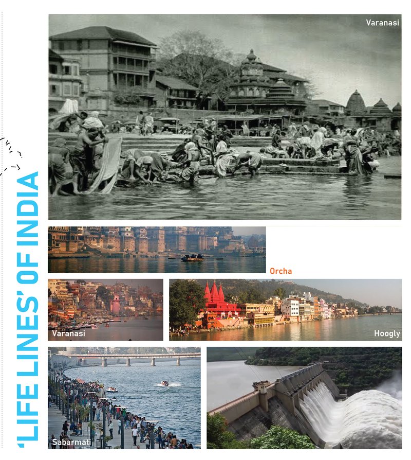 Collage showing riverfront ghats with traditional temples and crowds of bathers along the water's edge