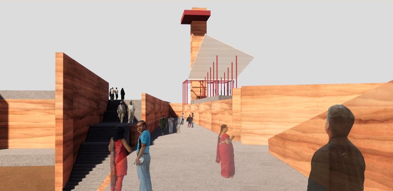 Rammed earth walls and open corridors choreograph movement, framing culture as an everyday public experience rather than a spectacle.