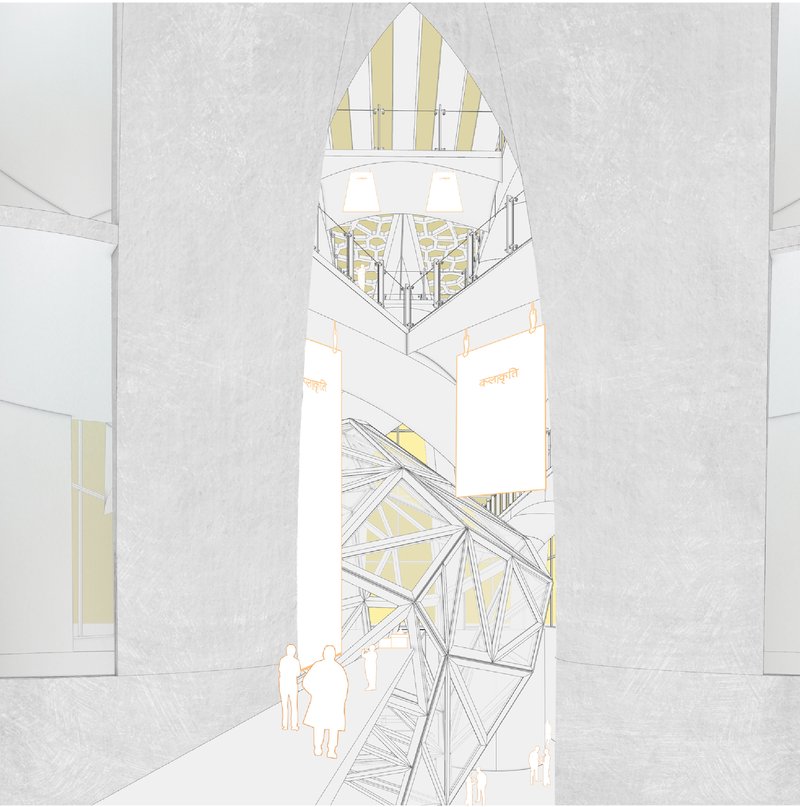 Perspective drawing of multi-story atrium with triangulated sculptural installation and figures below a striped conical skylight