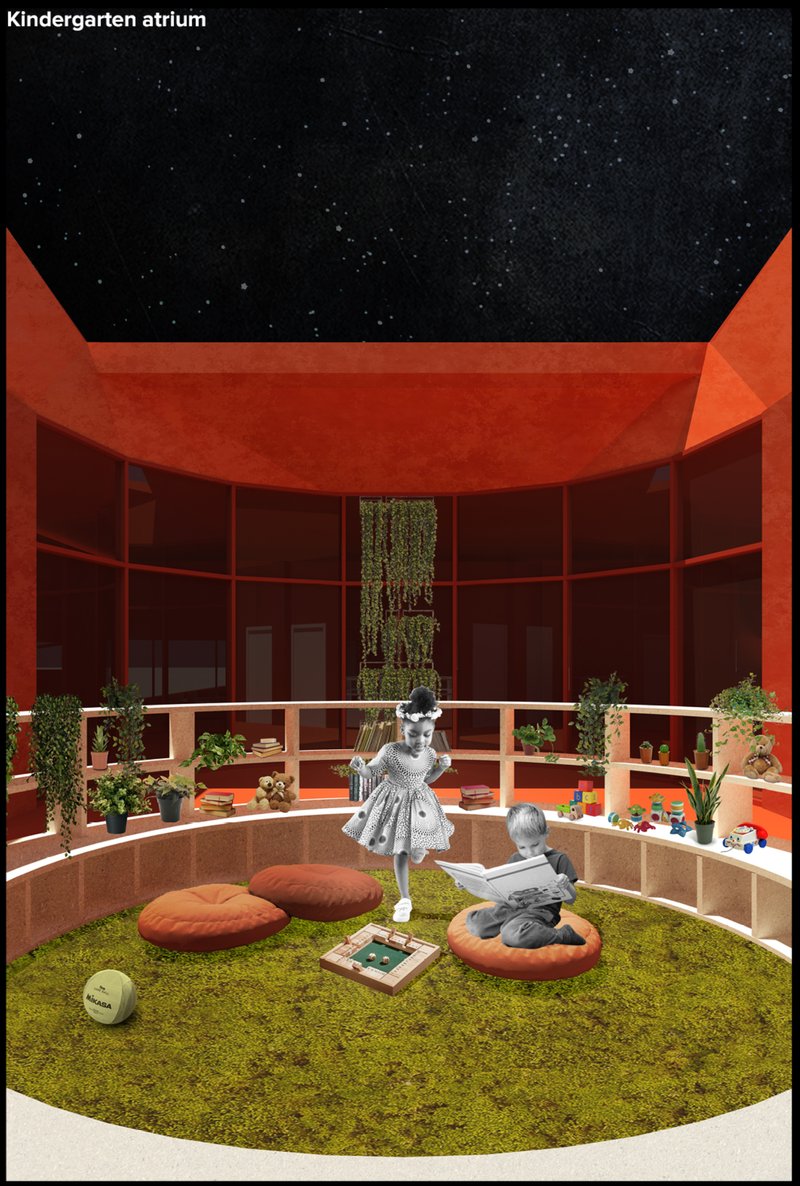 Section rendering of the circular classroom with grass floor, cushions, and hanging plants under a starry opening