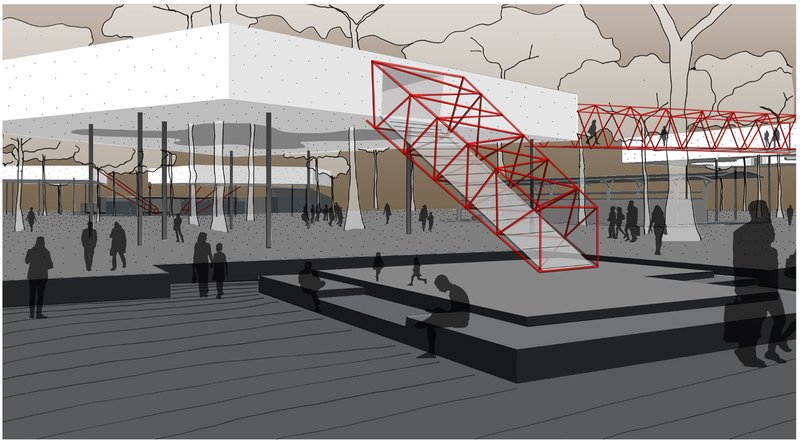 A dynamic view of the Artist Plaza where red structural bridges lift visitors into the floating forest pods.