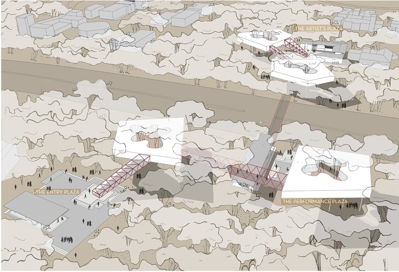 An aerial axonometric showing the distributed cultural network linking plazas and pods through lightweight bridges.