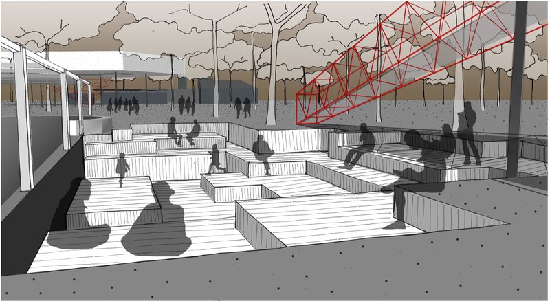 Stepped seating carved into the landscape creates an intimate performance arena beneath the forest canopy.