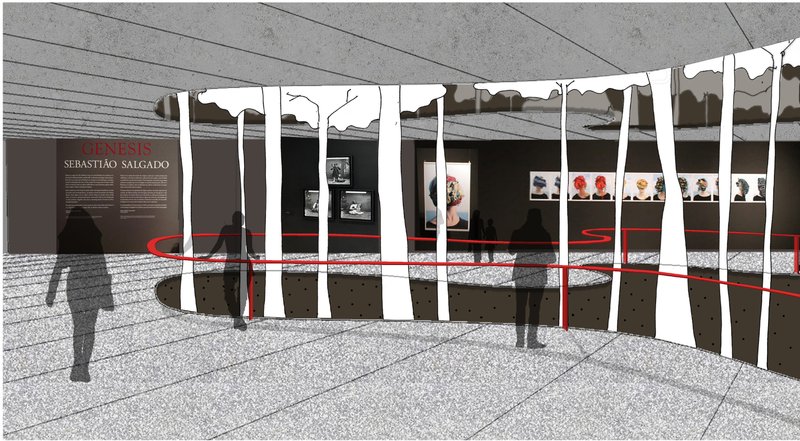 Exhibition pod interior where trees rise through organic voids, merging nature with gallery space.
