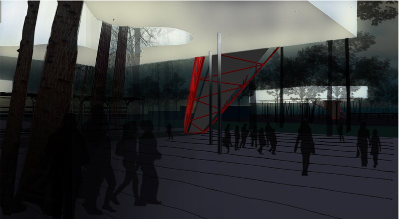 At night, the pods glow like suspended lanterns among the trees, highlighting the permeable red structures.