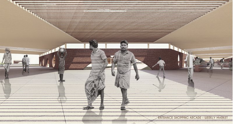 Entrance shopping arcade, designed to accommodate the weekly market and regional trade flows.