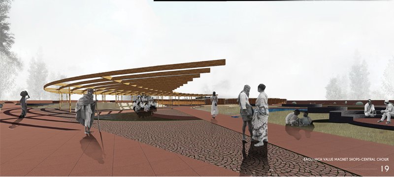 Marketplace landscape, where circulation, pause, and exchange coexist under a lightweight timber canopy.