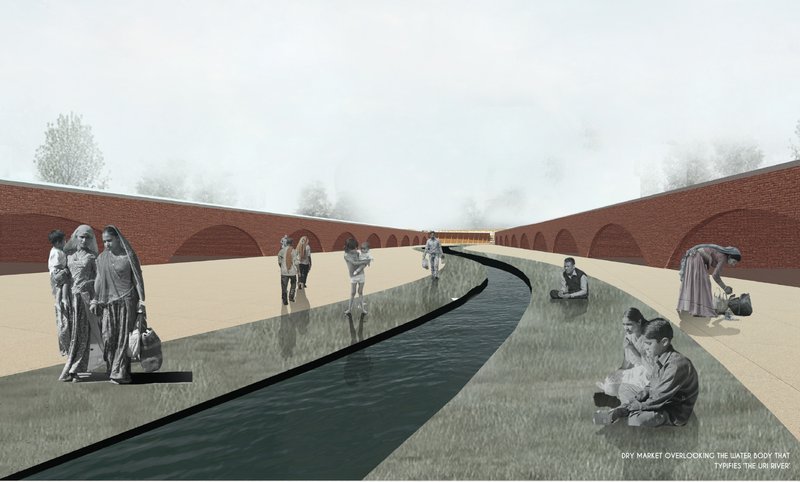 Dry market overlooking the water body, symbolizing continuity between river, livelihood, and settlement memory.