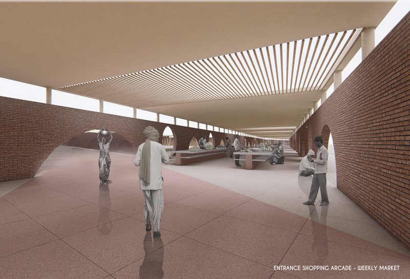 Shaded market spine, using brick walls and perforated openings to balance enclosure and permeability.