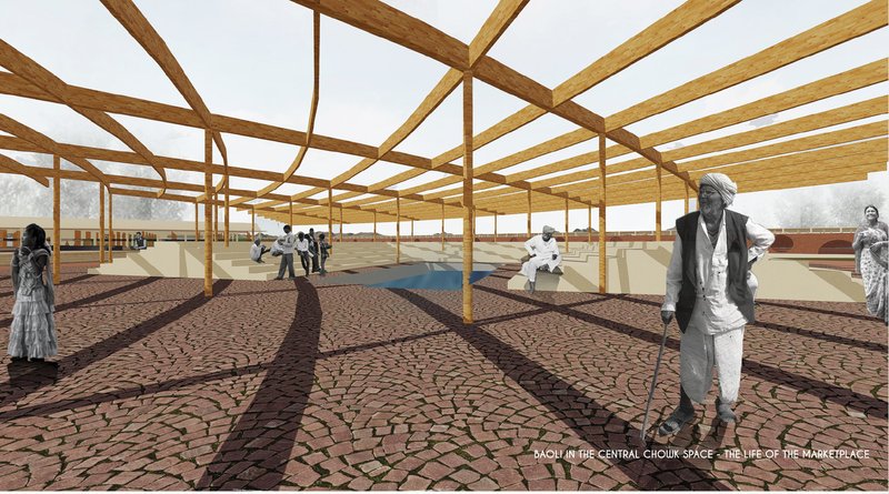 Baoli within the central chowk, reinterpreting traditional water structures as social and climatic anchors.