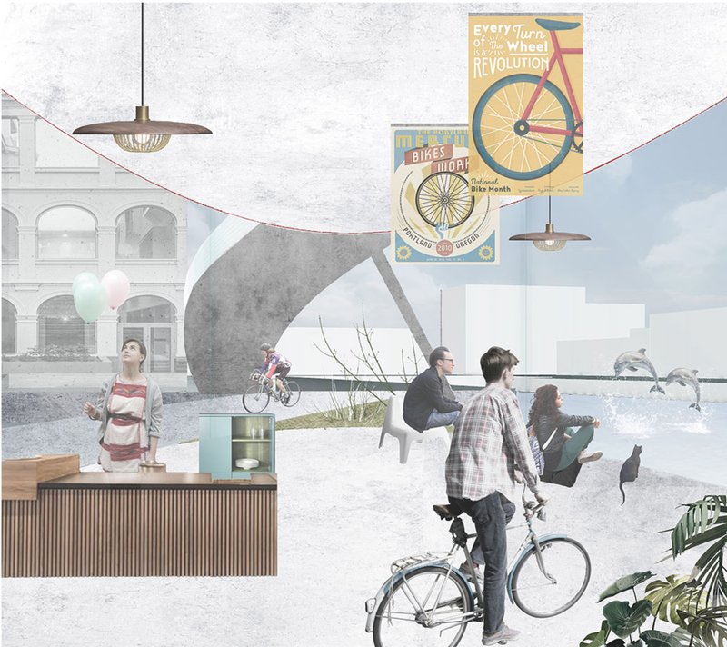 Interior public space activating the bridge as a social hub within Copenhagen’s bicycle culture.
