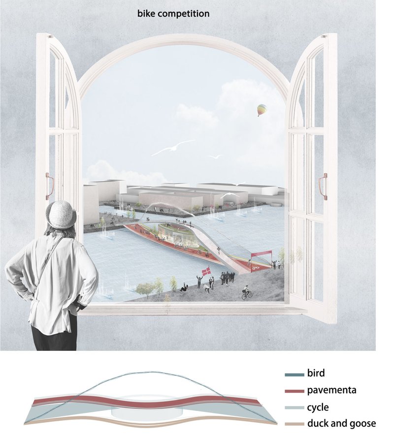 Conceptual view framing the bridge as a dynamic urban stage during public bike events.