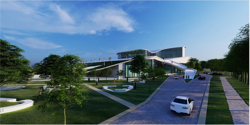 Overall exterior view highlighting the sculptural form and layered circulation system.